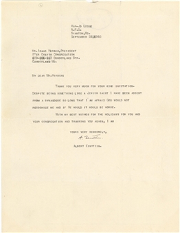 1946 Albert Einstein Signed Typed Letter Dated With Judaism and GOD Content 9/24/1946 - Invited To Holy Days At His Synagogue For Rosh Hashanah On 9/26/46(Beckett)